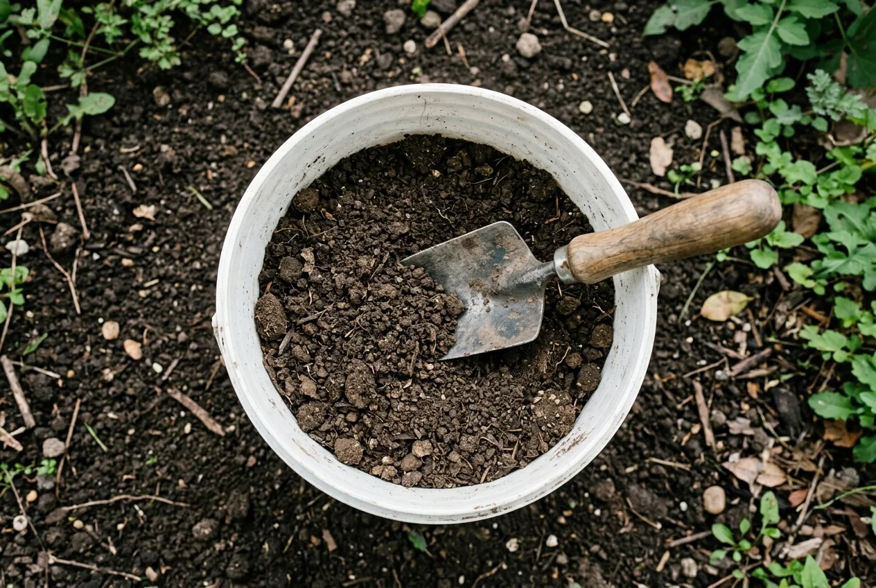 Crumbly brown soil and a plain metal trowel inside a white plastic bucket