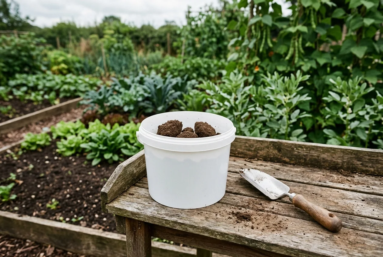 White plastic bucket containing soil portions and a metal trowel on a wooden bench beside vegetable beds