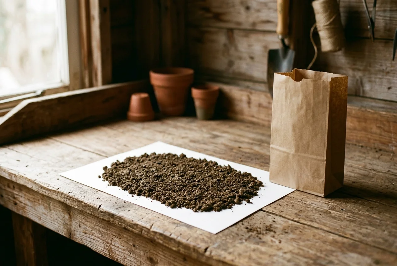 Loose brown soil spread on blank white paper beside an open unmarked brown paper bag
