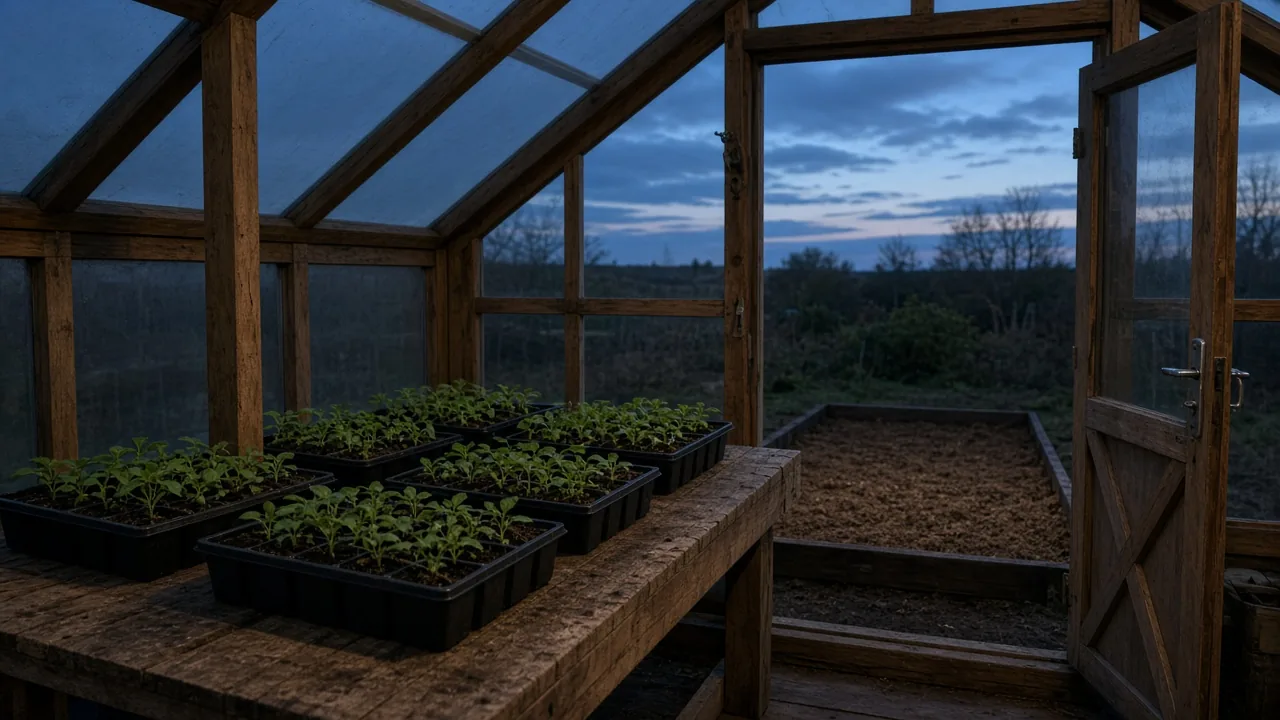 Seedling trays back on a greenhouse bench at dusk, with an empty outdoor bed beyond the open door