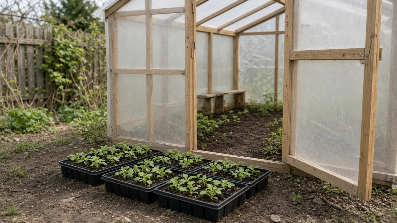 Seedling trays in the shade on bare soil just outside an open wooden greenhouse