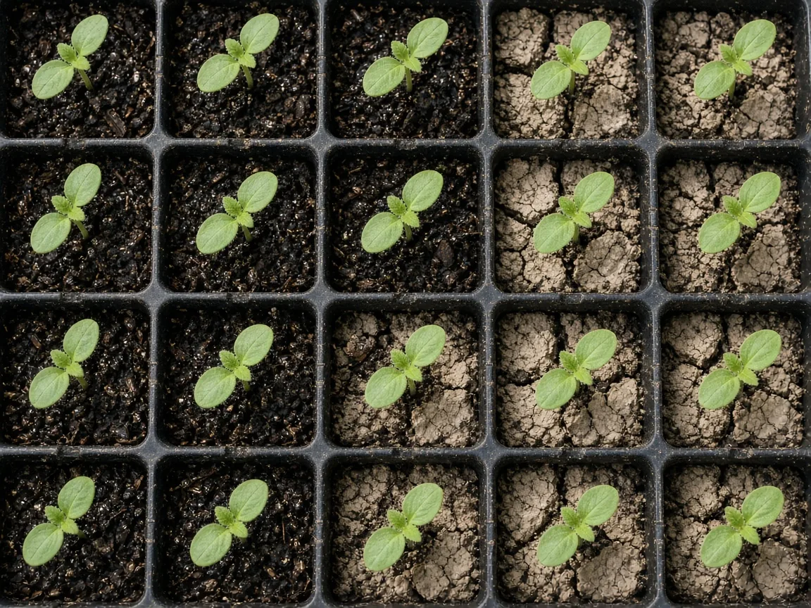 A seedling tray with dark damp mix in some cells and pale dry mix in others