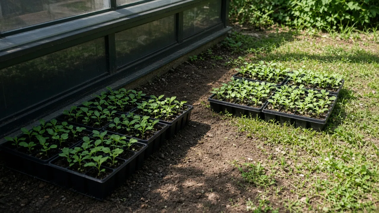 Seedling trays in shade beside a greenhouse, with a second group farther out in open sun