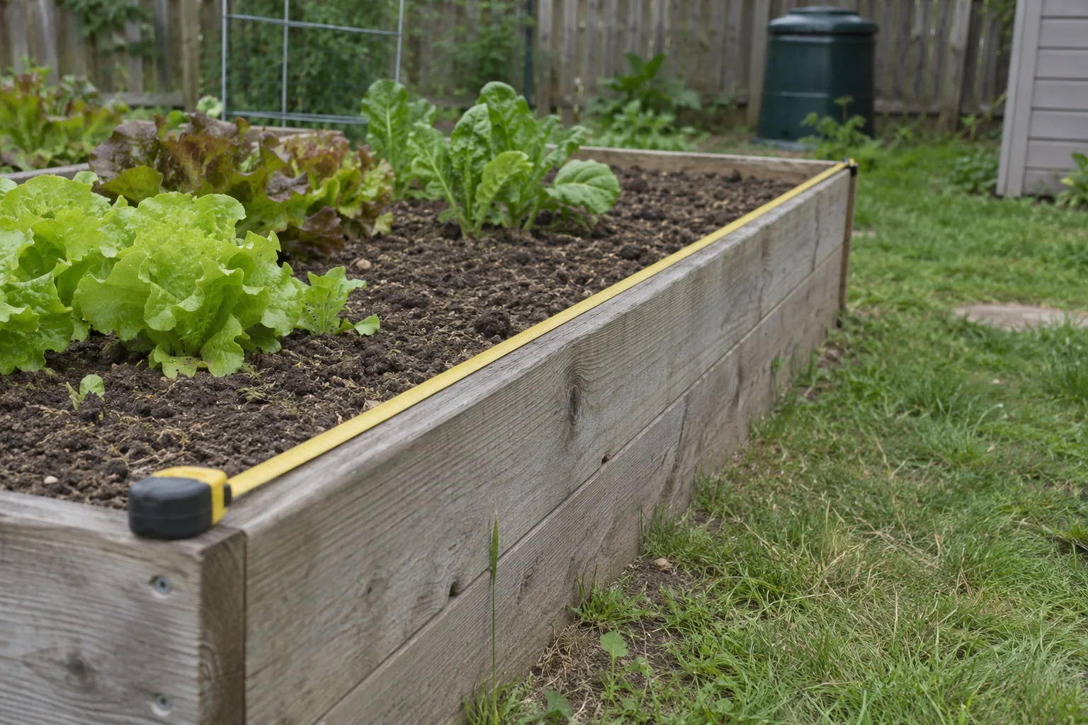 Yellow measuring tape stretched along the wooden edge of a raised bed with lettuce and loose soil