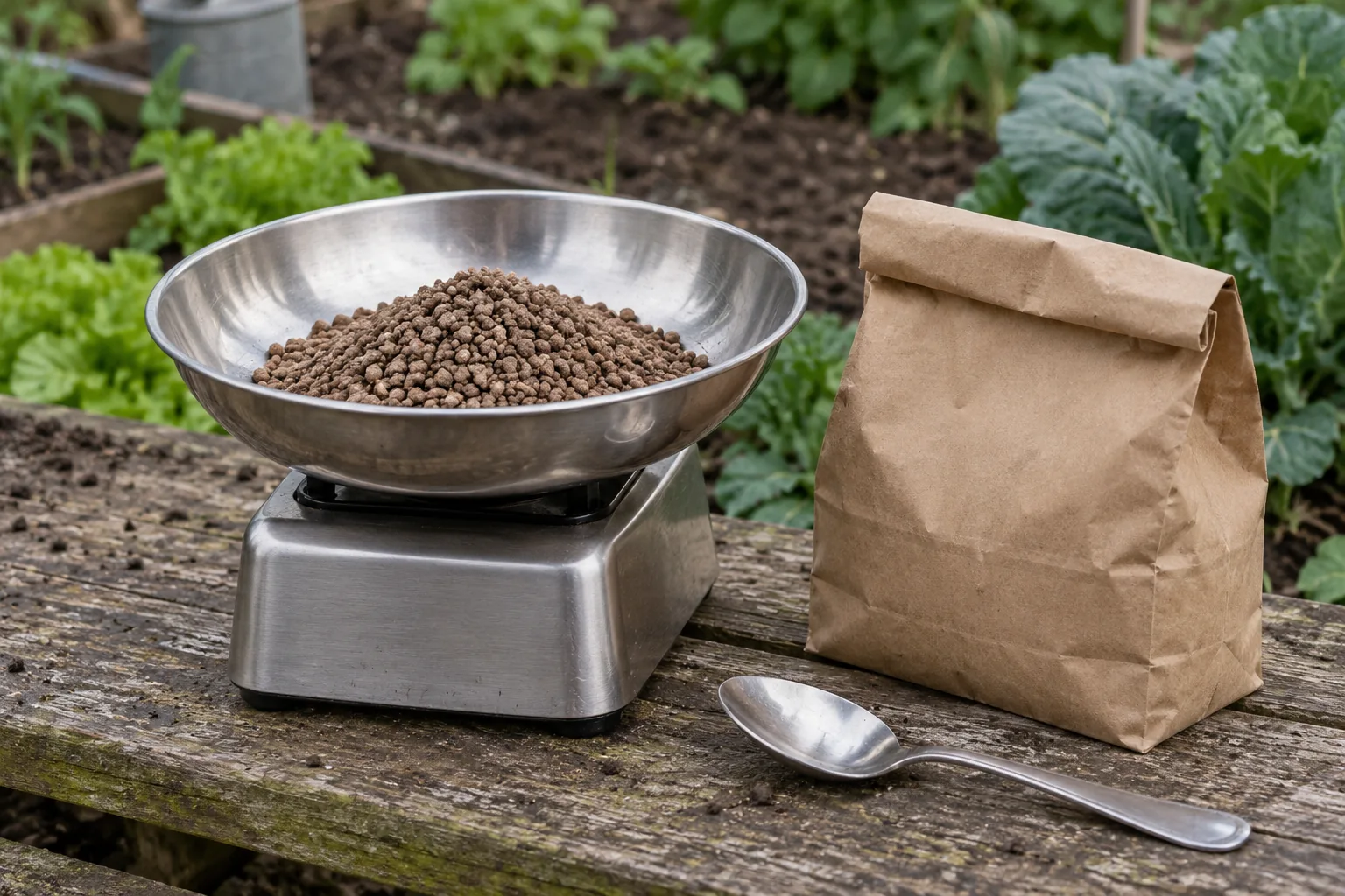 Brown granules in a stainless steel bowl on a kitchen scale beside a plain paper bag and metal spoon