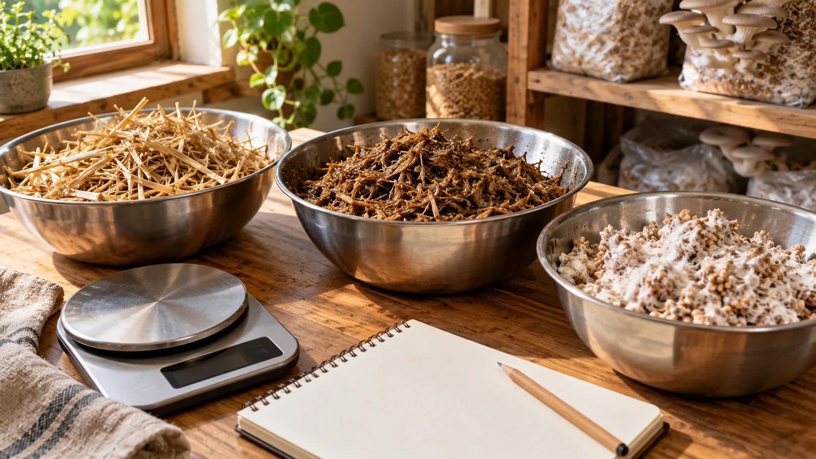 Separate bowls of substrate and spawn beside a scale on a wooden workbench