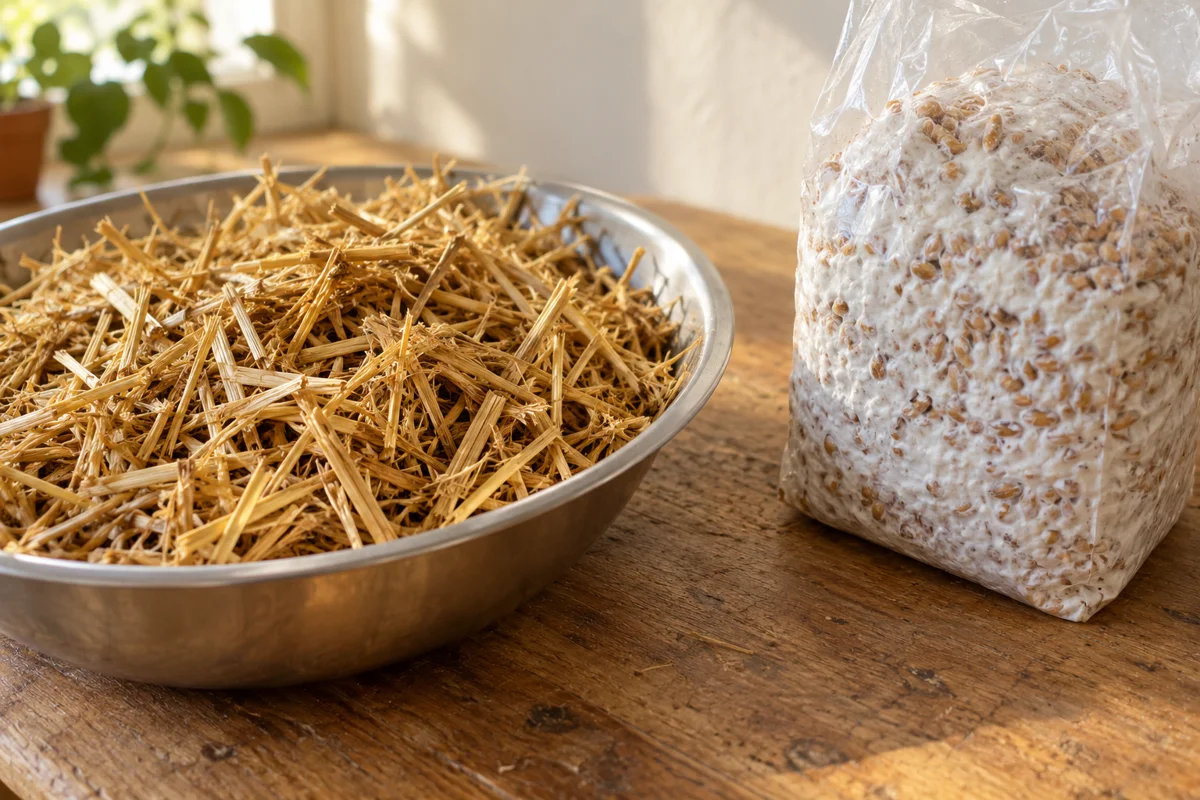 Dry chopped straw beside a clear bag of grain spawn