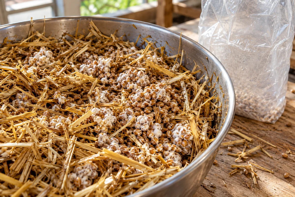 White grain spawn among chopped straw in a mixing bowl