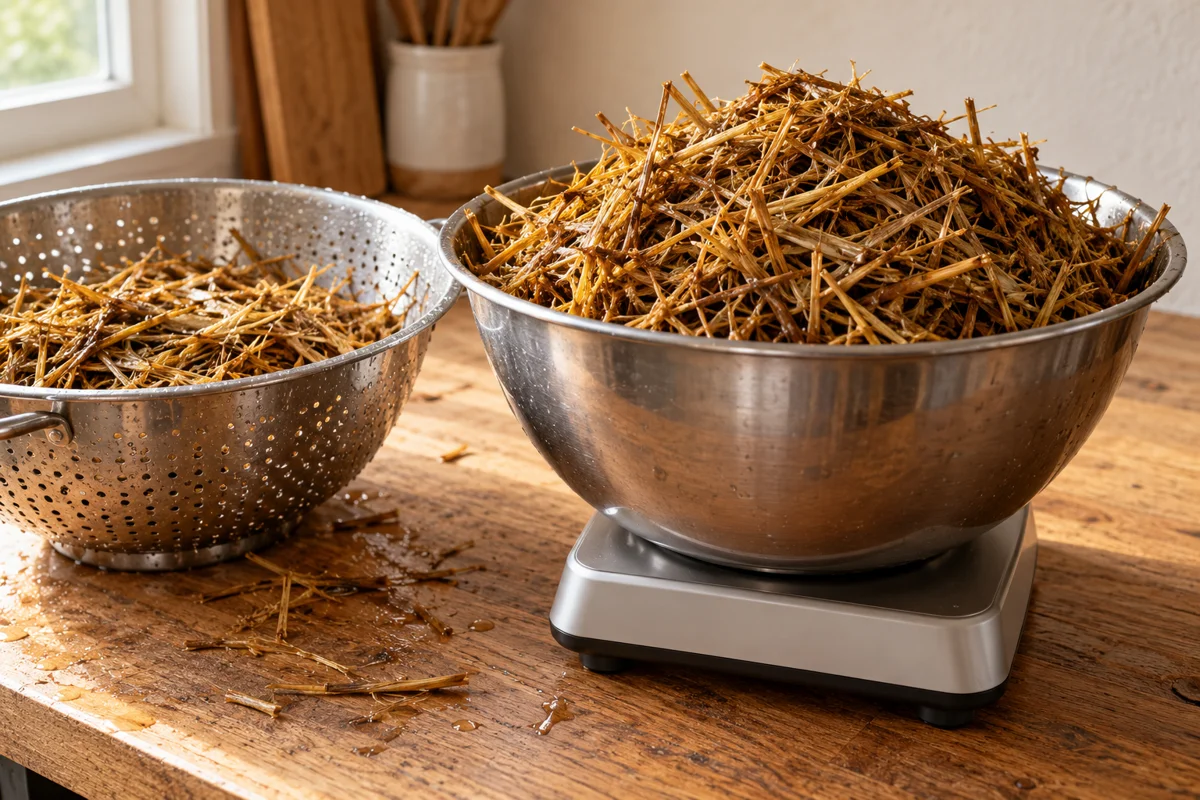 Bowl of damp chopped straw on a scale beside a colander