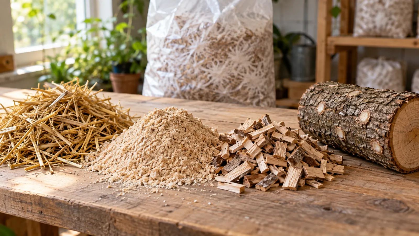 Illustration of mushroom substrates on a workbench: chopped straw, hardwood sawdust, wood chips and a short oak log