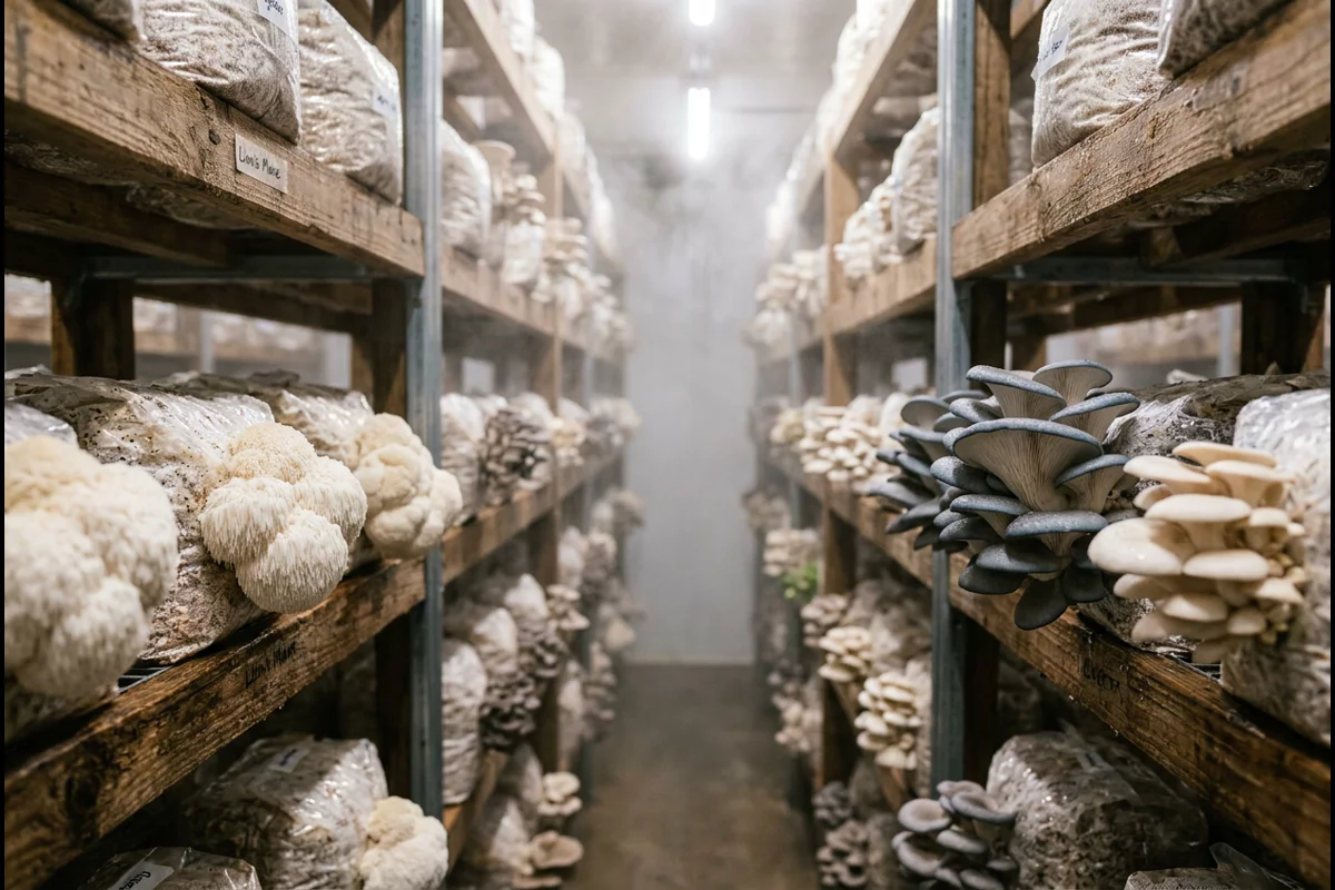 Oyster and lions mane mushrooms fruiting from sawdust blocks in indoor cultivation facility