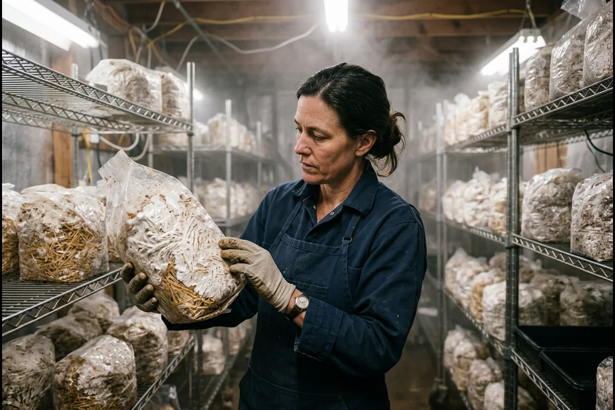 Mushroom grower inspecting plastic bags with white oyster mushroom mycelium colonizing straw