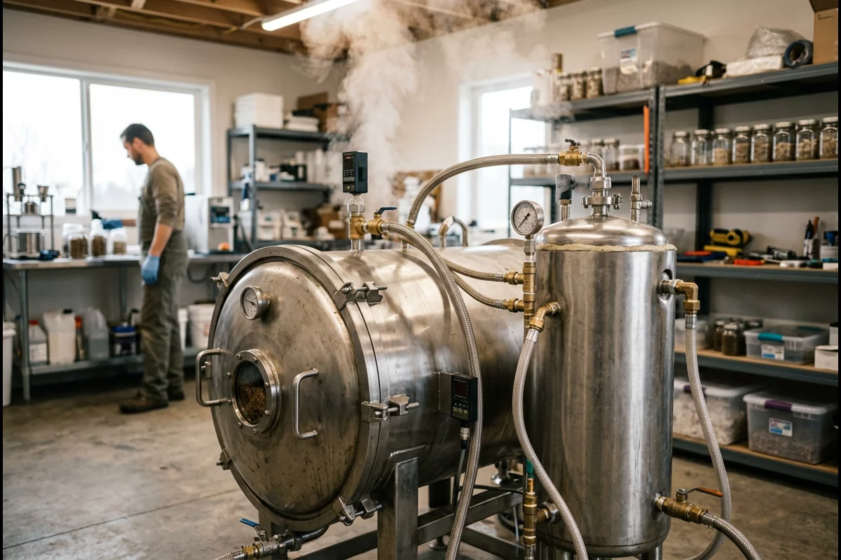 Stainless steel mushroom substrate pasteurization drum and steam tank in farm workshop