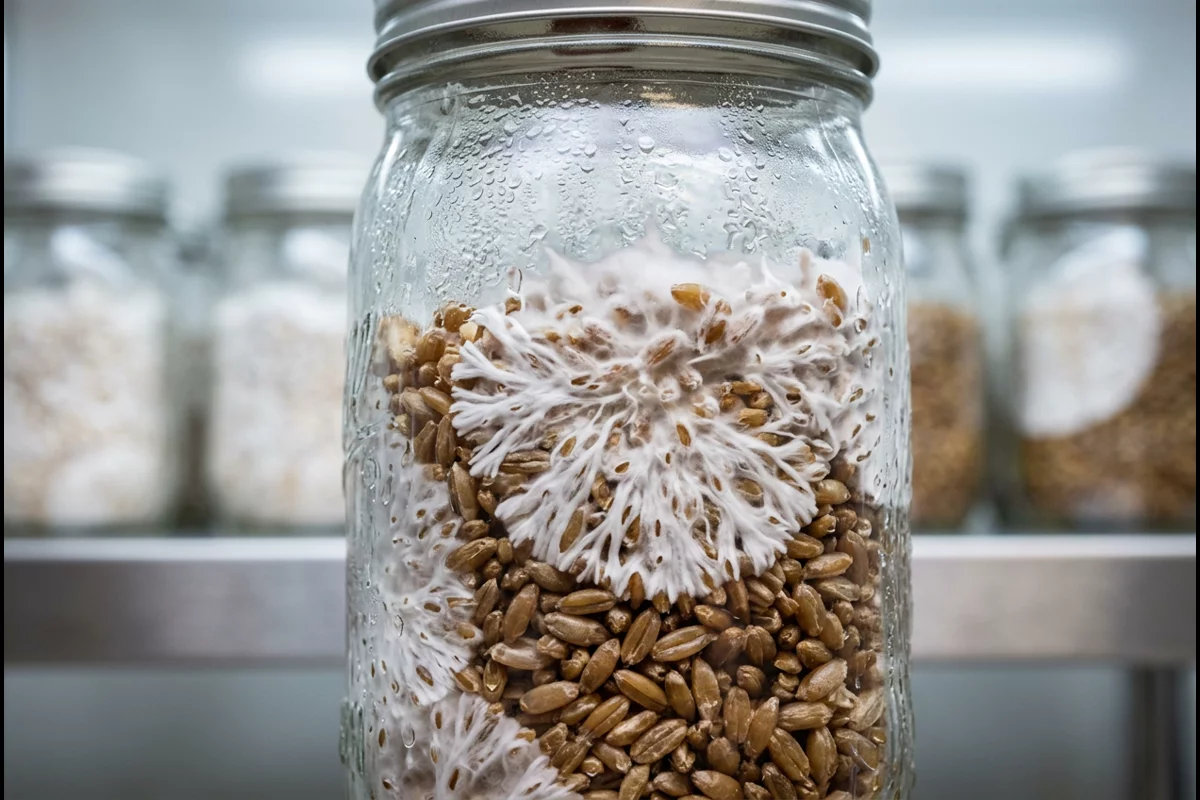 Vibrant white mushroom mycelium spreading through sterilized grain in glass mason jars
