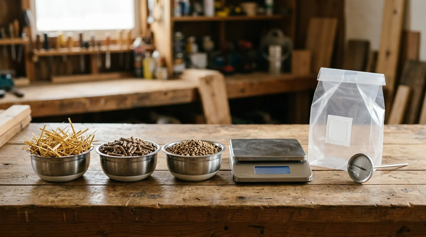 Dry mushroom substrate recipe ingredients in bowls on a wooden workbench including chopped wheat straw, hardwood fuel pellets, and hull pellets beside a filter-patch bag and scale
