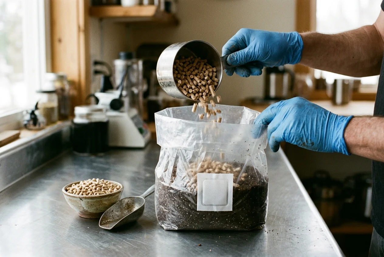 Gloved hands pouring dry hardwood fuel pellets from a stainless steel measuring cup into a clear polypropylene mushroom filter-patch grow bag on a metal prep table