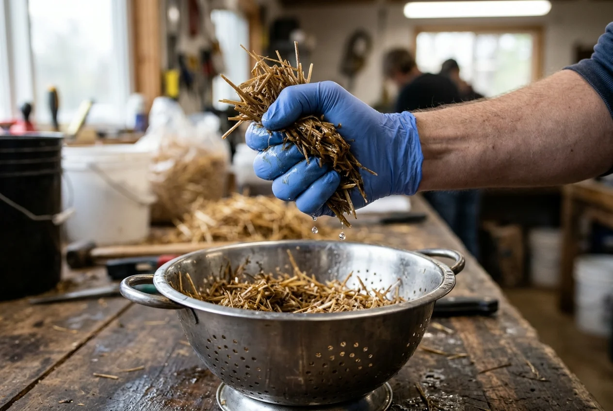 Gloved hand tightly squeezing a handful of wet pasteurized chopped wheat straw above a stainless steel perforated colander with two water drops falling beneath the knuckles
