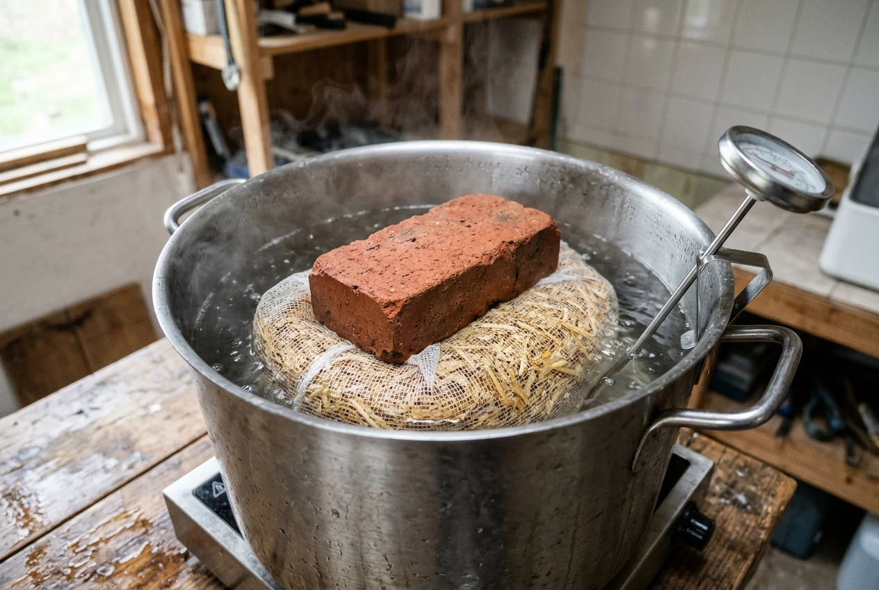 Large stainless steel stockpot holding a submerged white mesh sack of chopped wheat straw weighted down with a clean red brick and a probe thermometer clipped to the rim