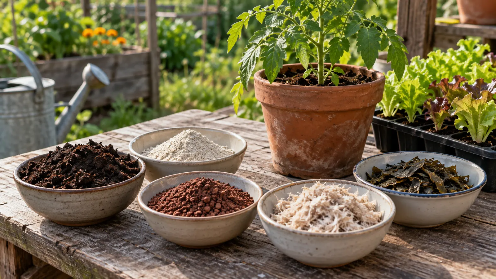 Illustration of small bowls of organic fertilizer materials on a potting bench beside young tomato and lettuce plants