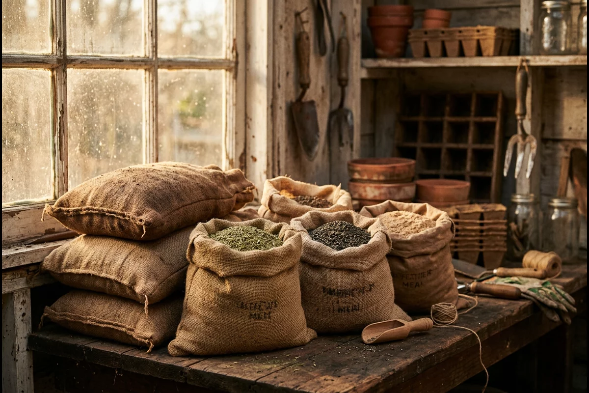 Burlap sacks and kraft bags of natural organic soil amendments in potting shed