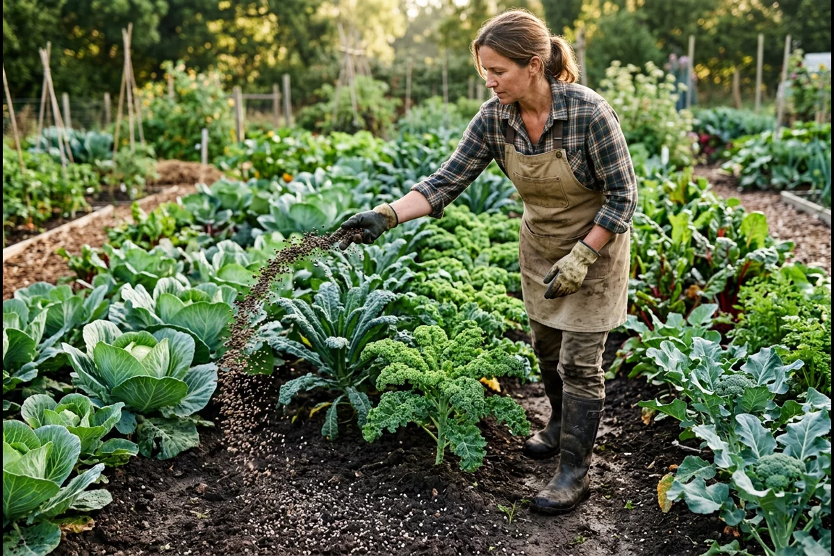 Organic gardener broadcasting granular organic fertilizer pellets around vegetable crop rows