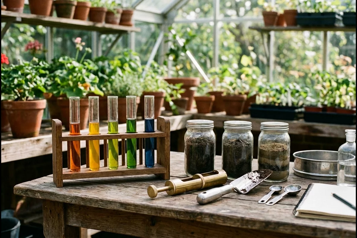 Agricultural soil testing kit with color indicator test tubes on greenhouse workbench
