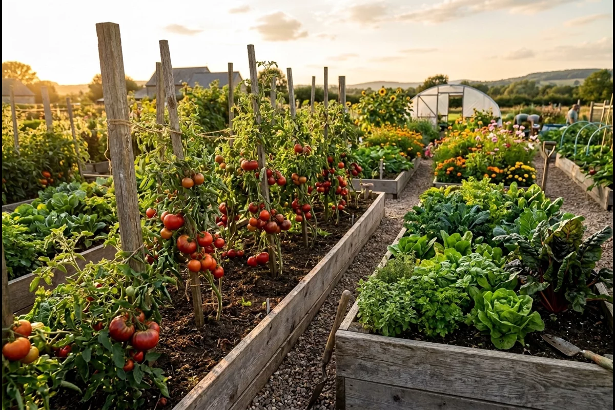 Flourishing organic market garden with staked heirloom tomatoes and raised vegetable beds