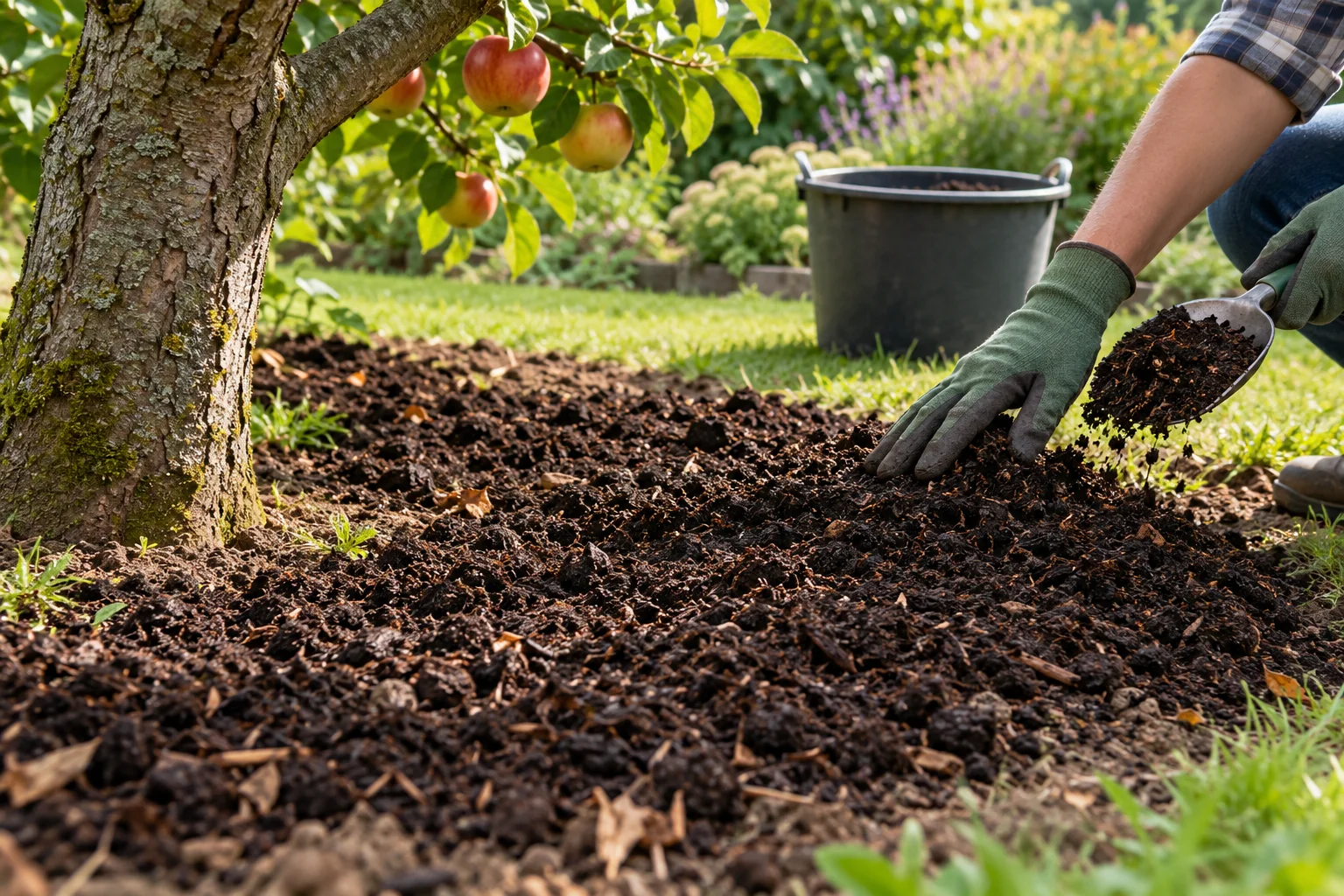 Surface compost application beside an established fruit tree