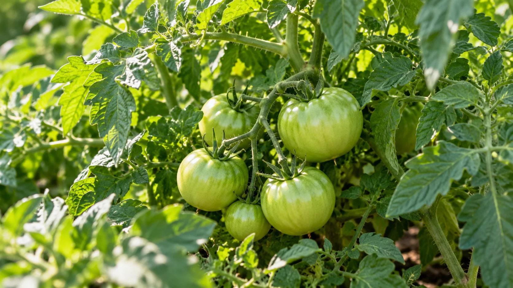 Green tomatoes on a leafy plant in a garden bed, with no labels