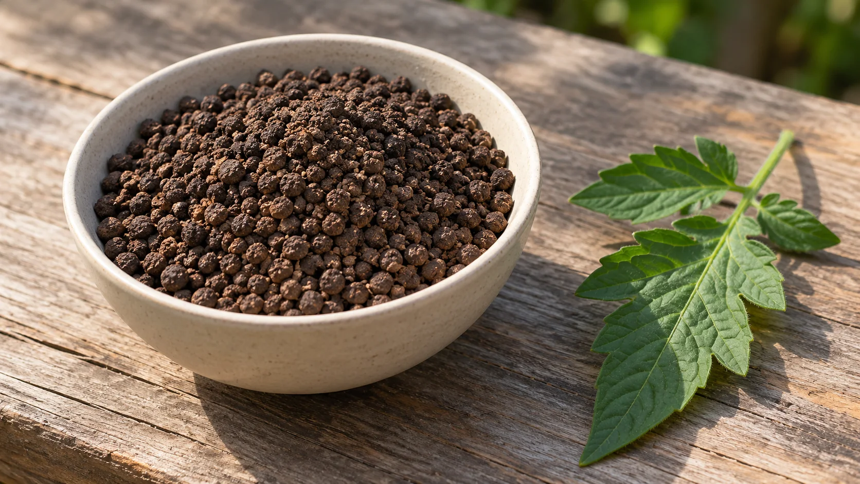 Dark granules in a plain bowl beside a tomato leaf on a wood bench