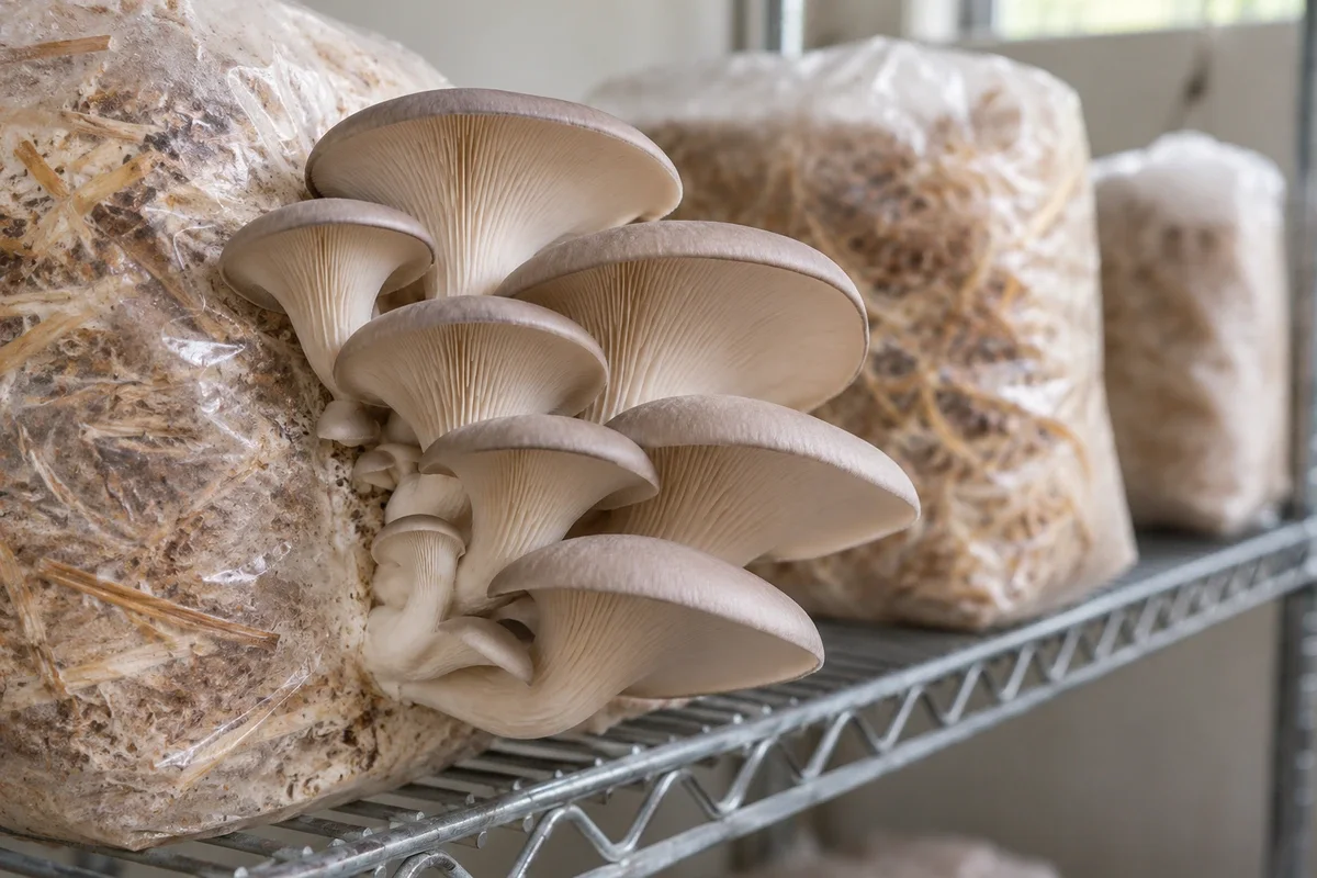 Cluster of grey-brown oyster mushrooms emerging from a side slit in a colonized straw substrate bag on a wire rack