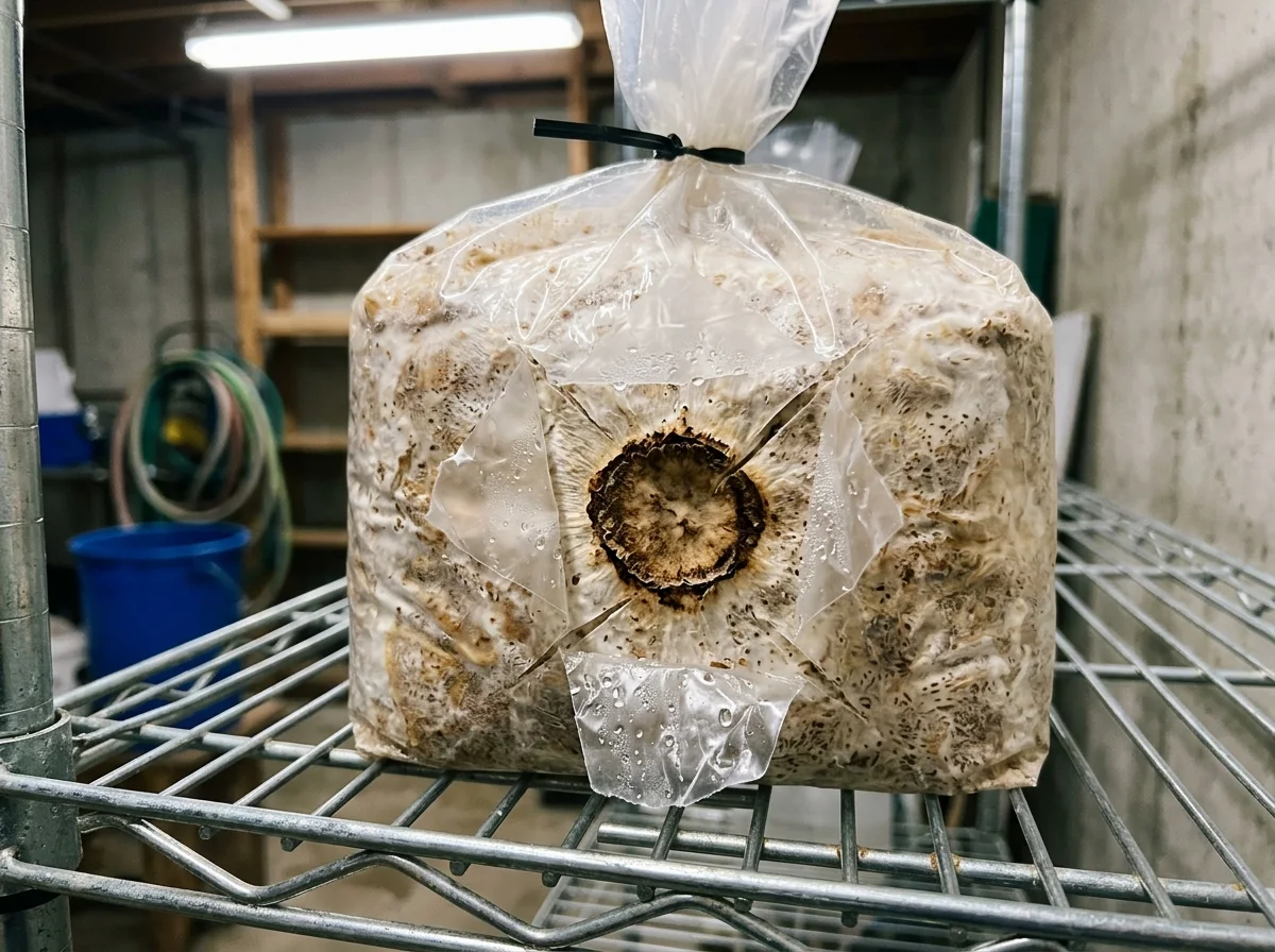 Colonized oyster mushroom substrate block in a clear plastic grow bag on a wire shelf showing the X-shaped slit after the first harvest