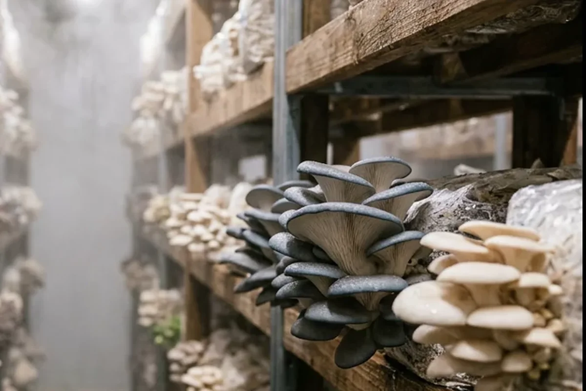 Blue-grey and cream-white oyster mushroom clusters fruiting from colonized substrate blocks on wooden shelves in a humidified grow room