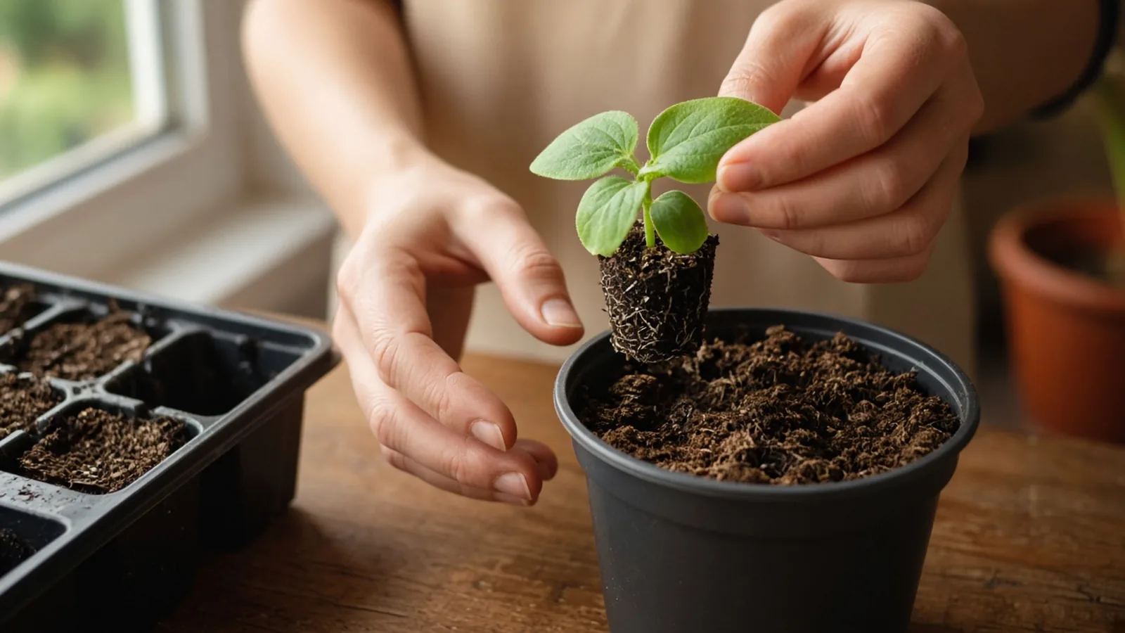 Hands holding a seedling by a leaf while moving it from a cell tray into a larger pot