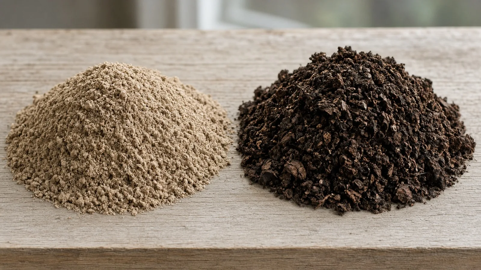 A fine, even pile of growing mix beside a coarse, barky pile on a wooden bench