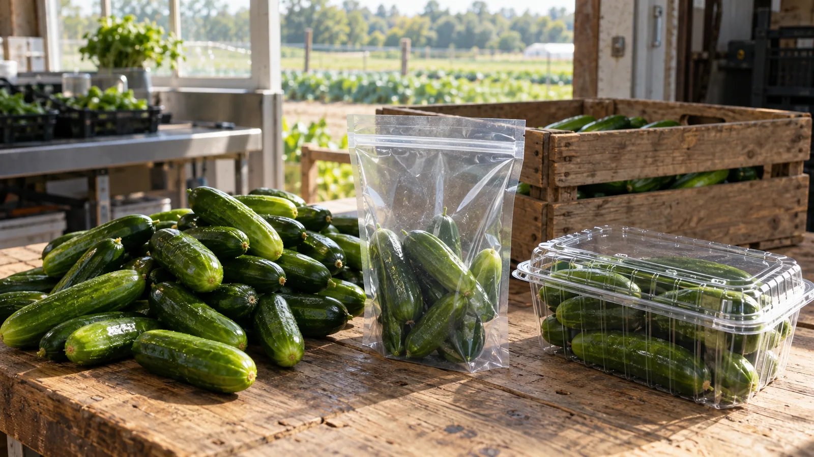 Illustration of fresh mini cucumbers on a packing counter next to a plain stand-up pouch and a clear clamshell