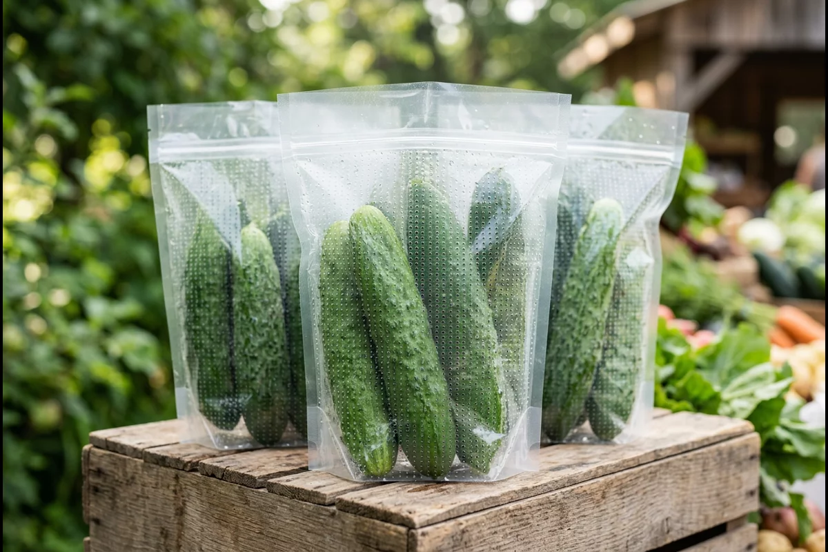 Crisp green English cucumbers packed in breathable micro-perforated produce standup pouches