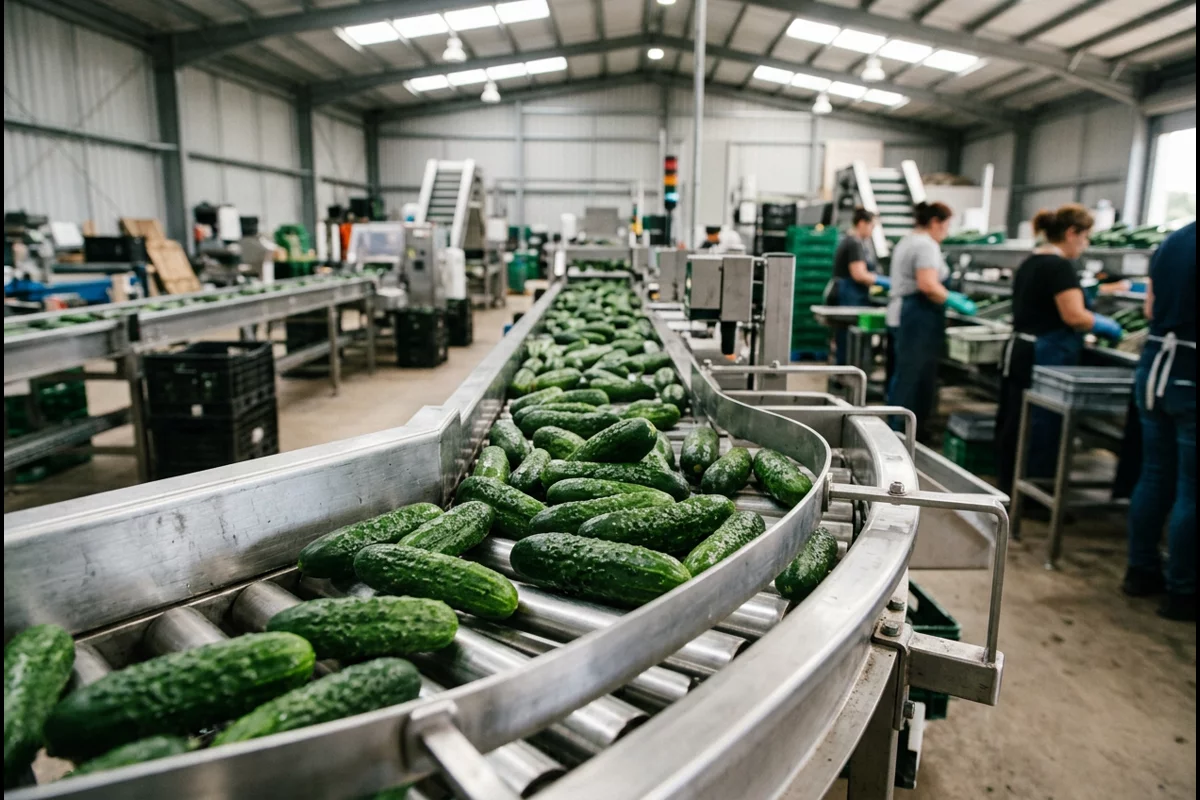 Fresh cucumbers moving along stainless steel sorting and grading conveyor in packing house