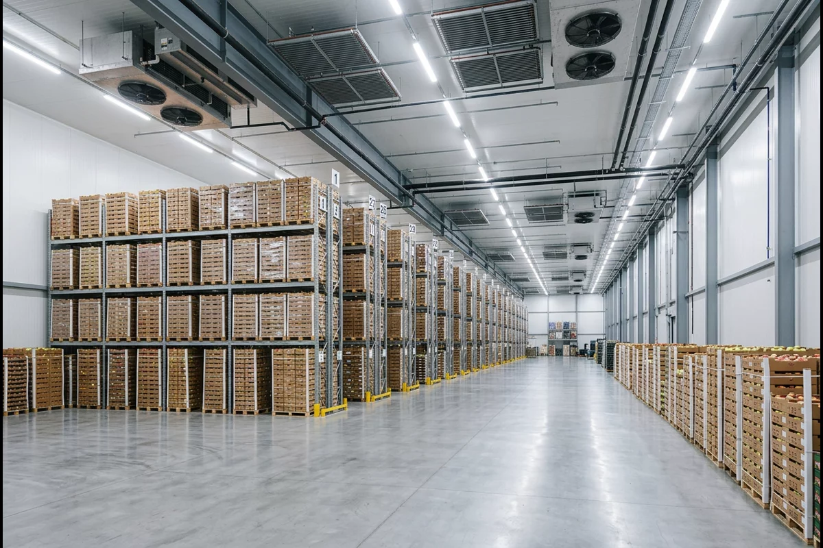 Commercial post-harvest cold storage room with pallets of fresh produce boxes