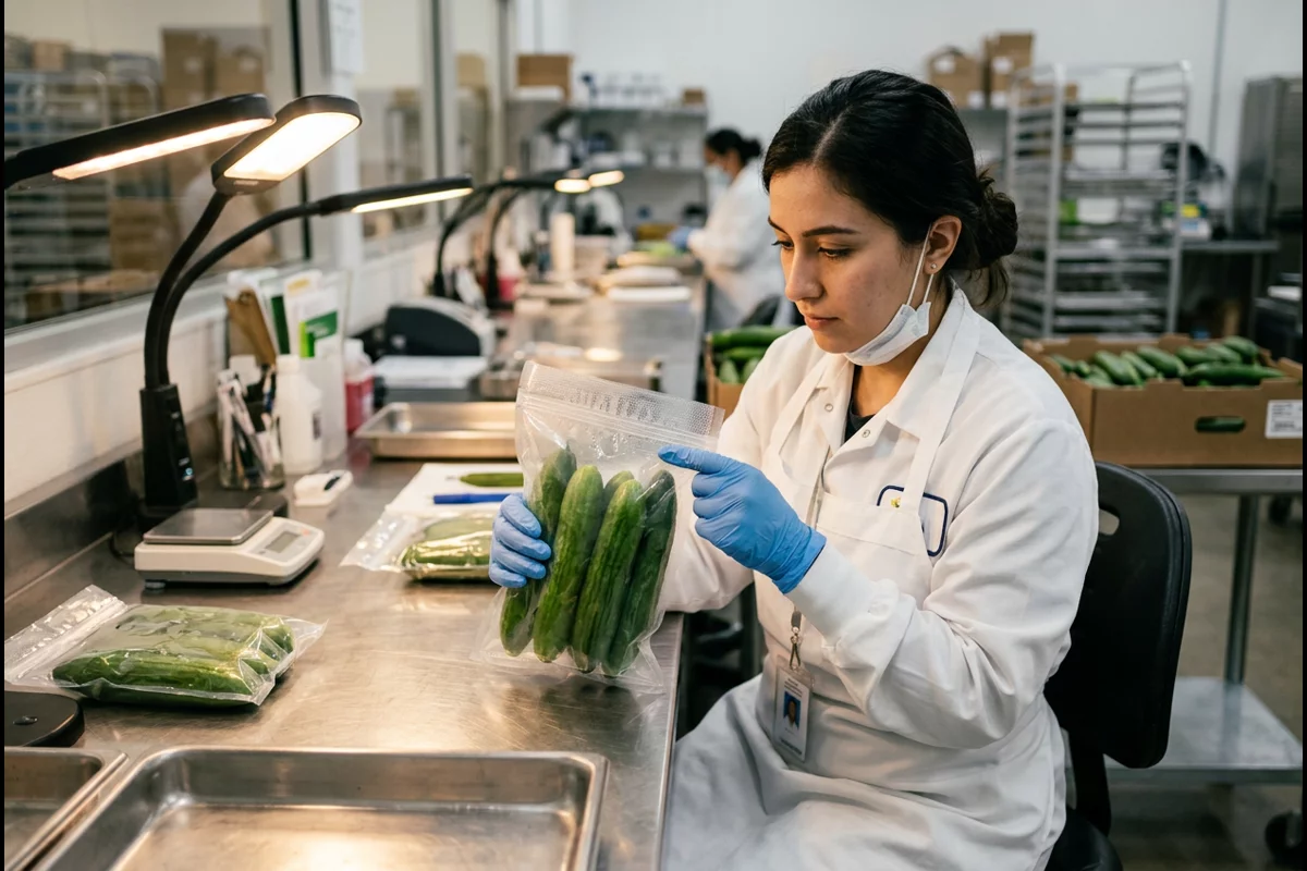 Produce quality technician inspecting heat-sealed cucumber packaging pouches under lamp
