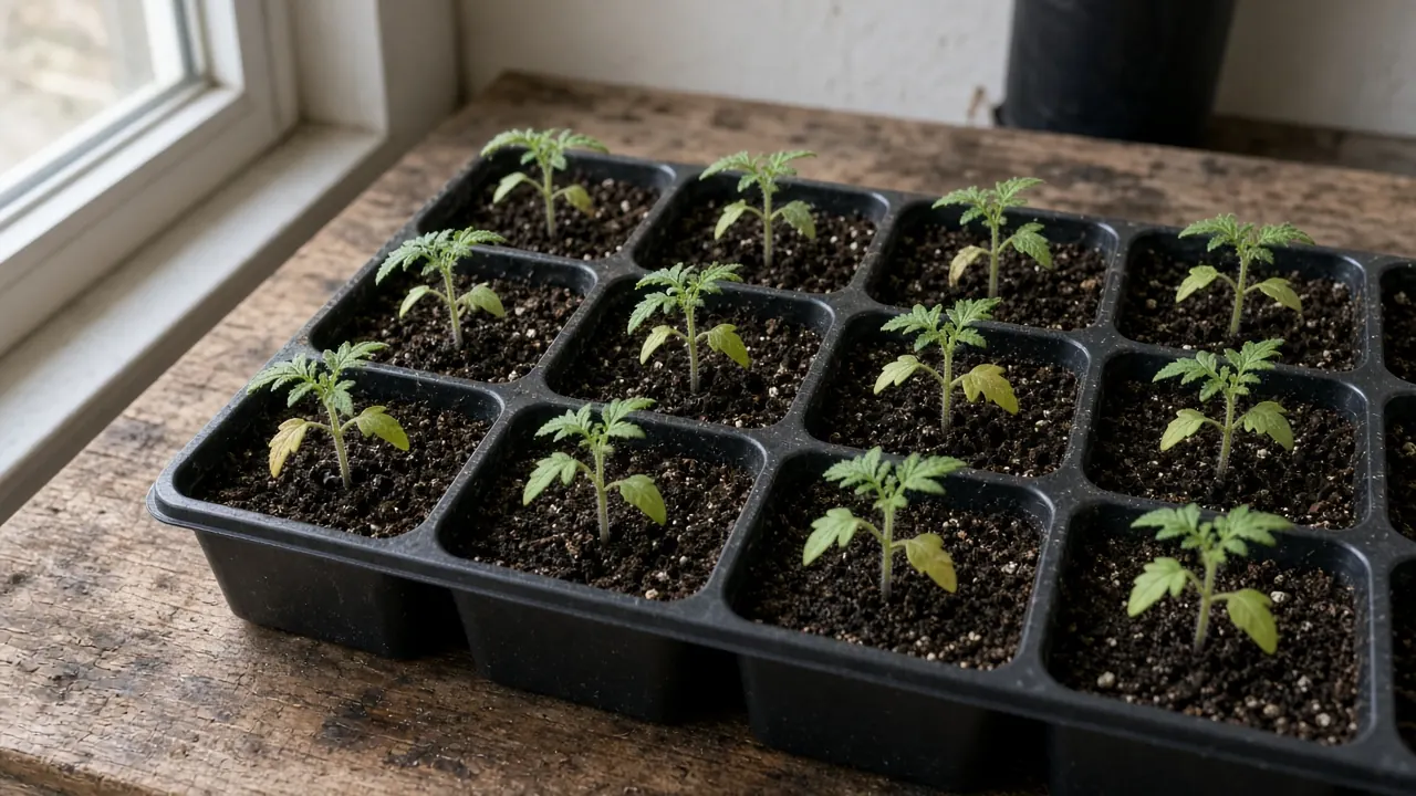 Tomato seedlings in a cell tray on a wooden bench, with some lower leaves pale yellow