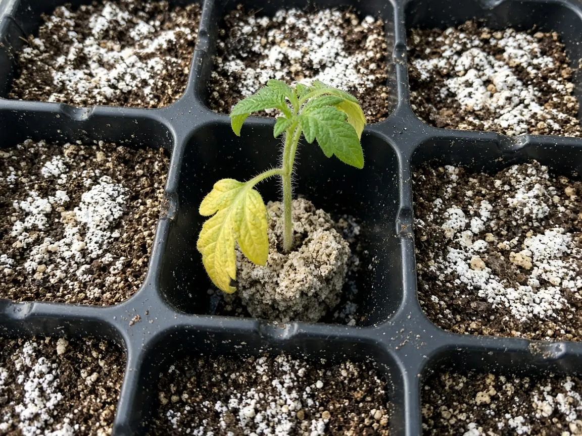 A tomato seedling with a yellow lower leaf and greener leaves above it, in a cell surrounded by mix with white particles