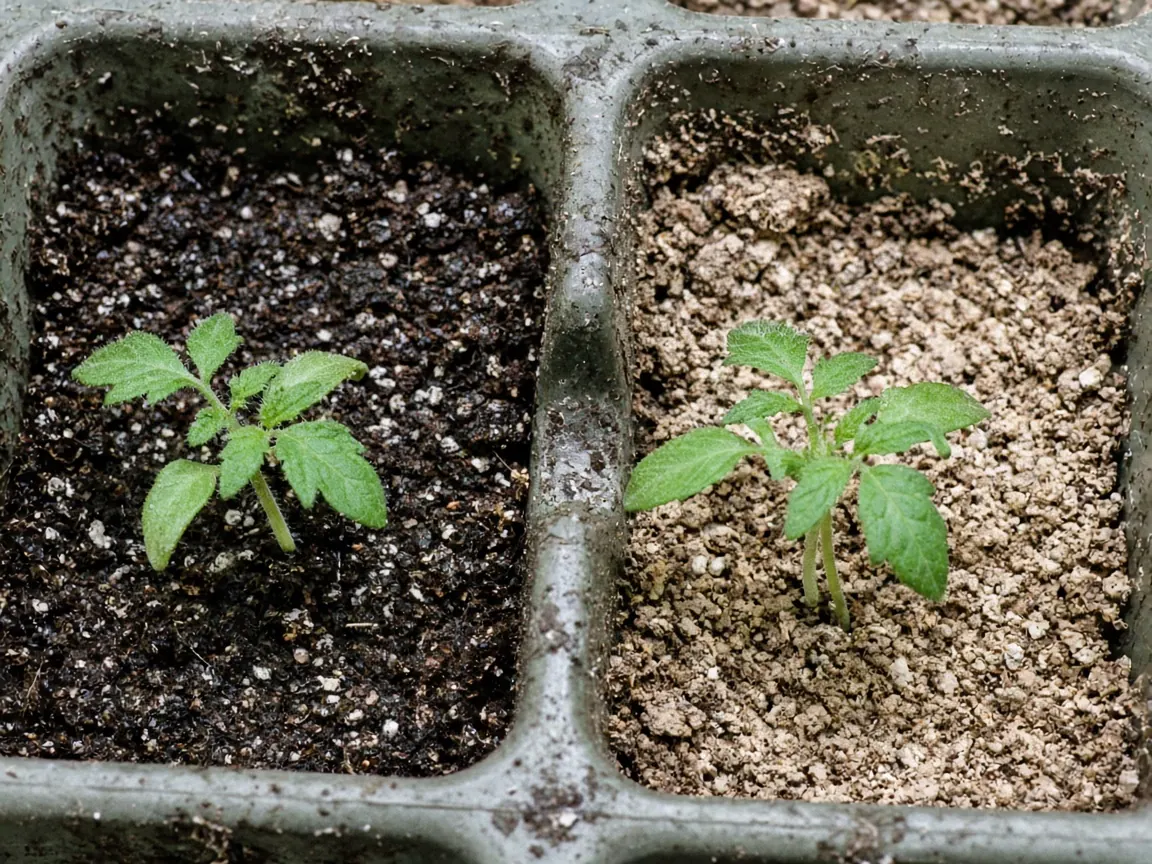 Two seedling cells, one with dark damp mix and one with pale dry mix, each holding a small tomato seedling