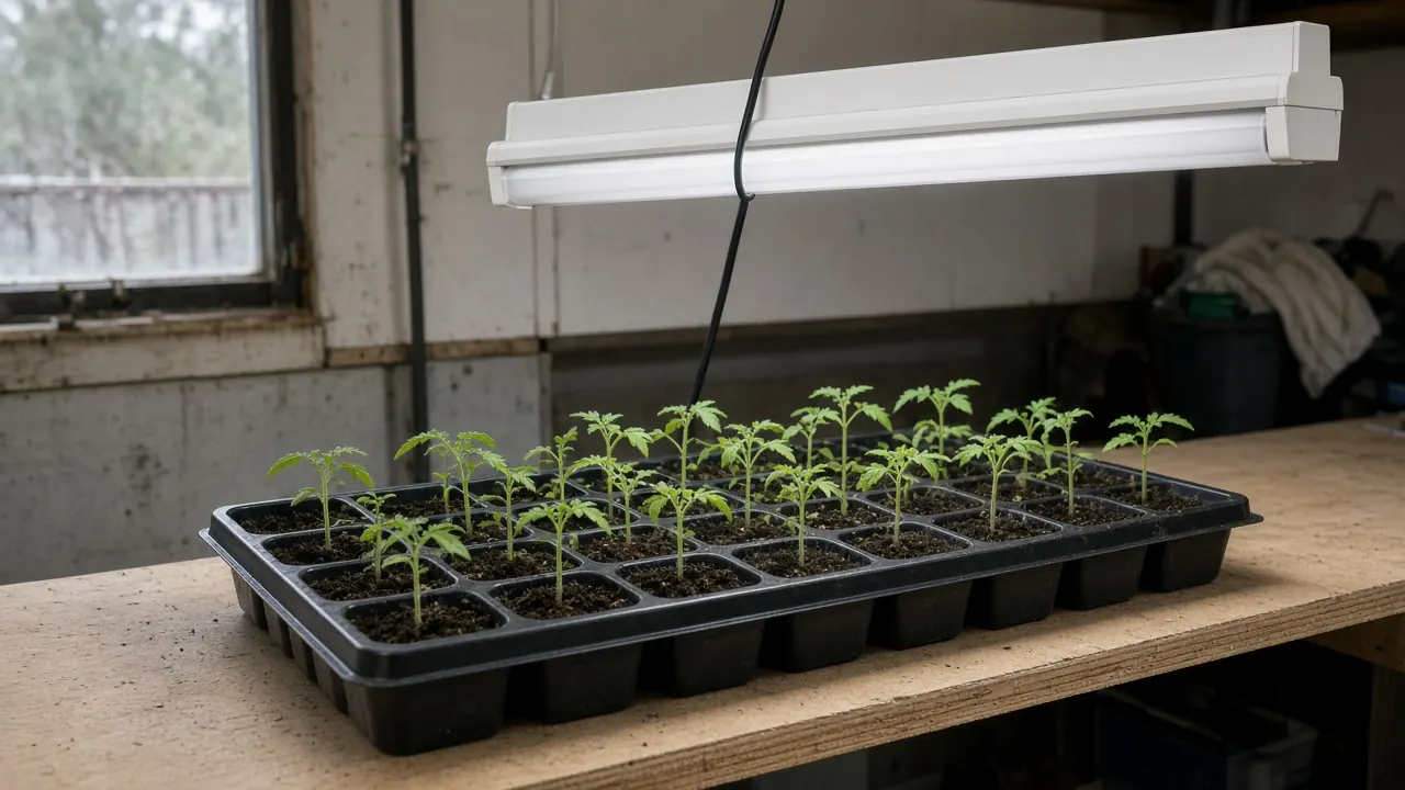 Tomato seedlings in a cell tray on a wooden bench under a white shop light
