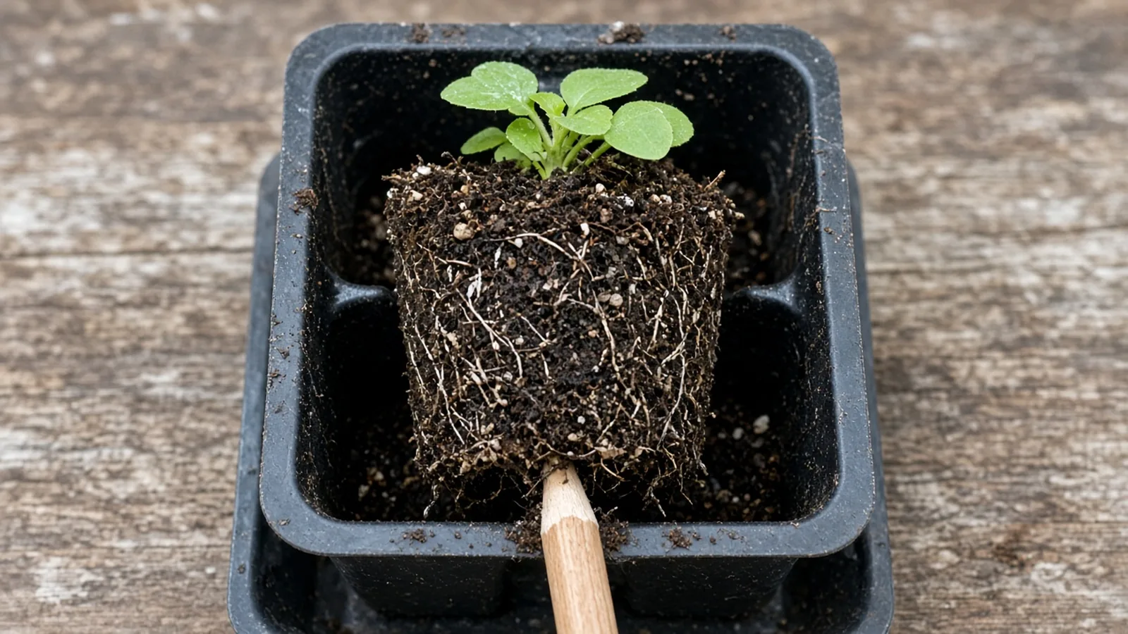 Illustration of a pencil pushing a seedling plug up from the bottom of a cell