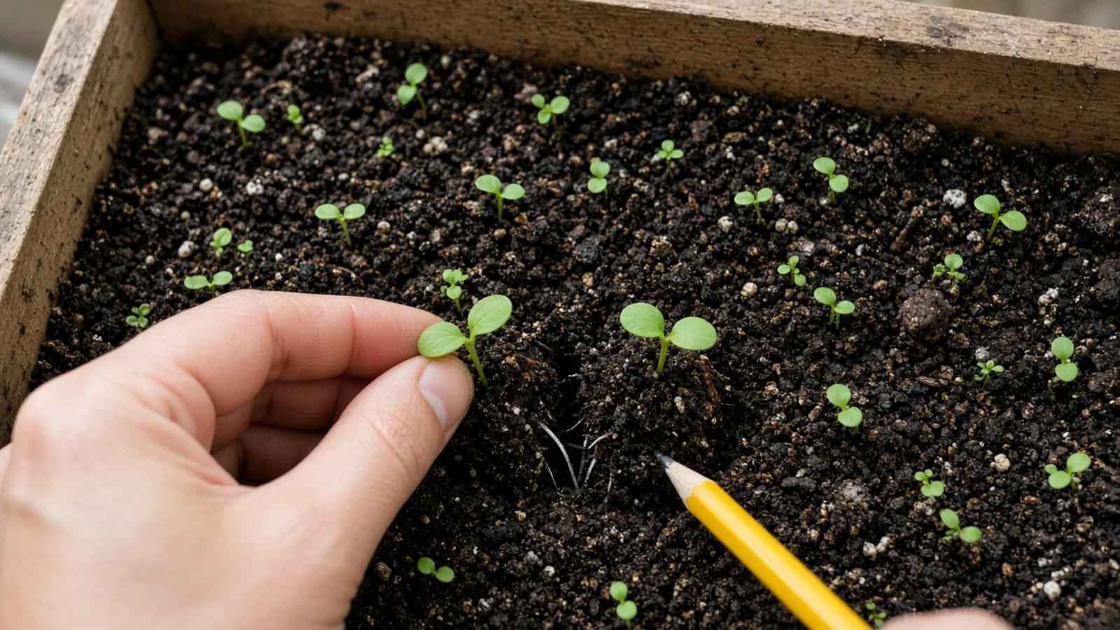 Illustration of a pencil in an open flat while a leaf is held and a few roots show between two seedlings