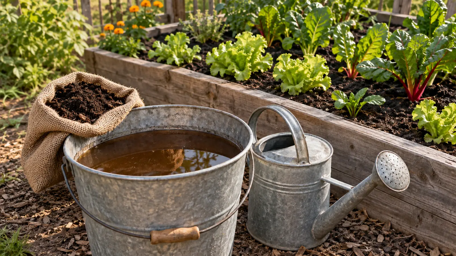 Illustration of a bucket of brown compost liquid next to a cloth bag of finished compost and a watering can in a vegetable garden