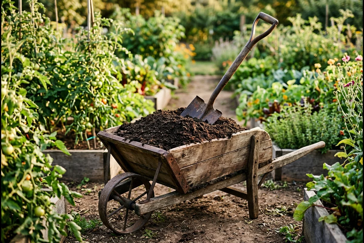 Rich dark organic compost in vintage wooden wheelbarrow with garden spade