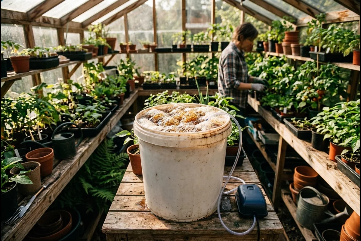 Actively bubbling aerated compost tea brewing station in greenhouse