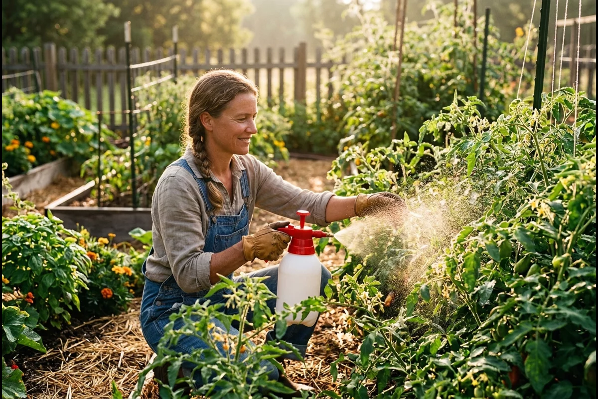 Organic grower applying liquid compost foliar spray onto tomato leaves with pressure sprayer